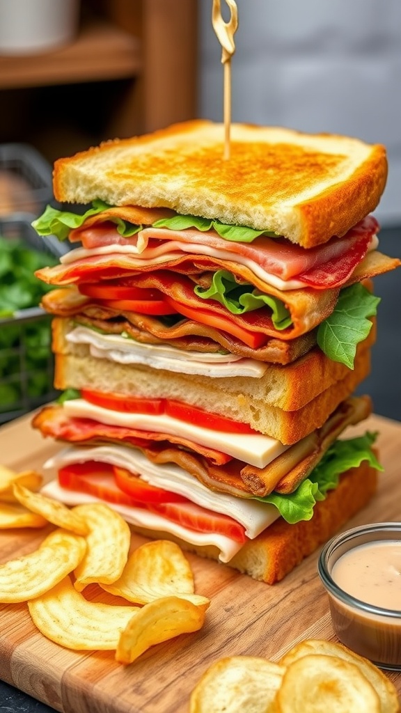 A towering club sandwich with layers of bacon, turkey, lettuce, and tomato on toasted bread, served with chips.